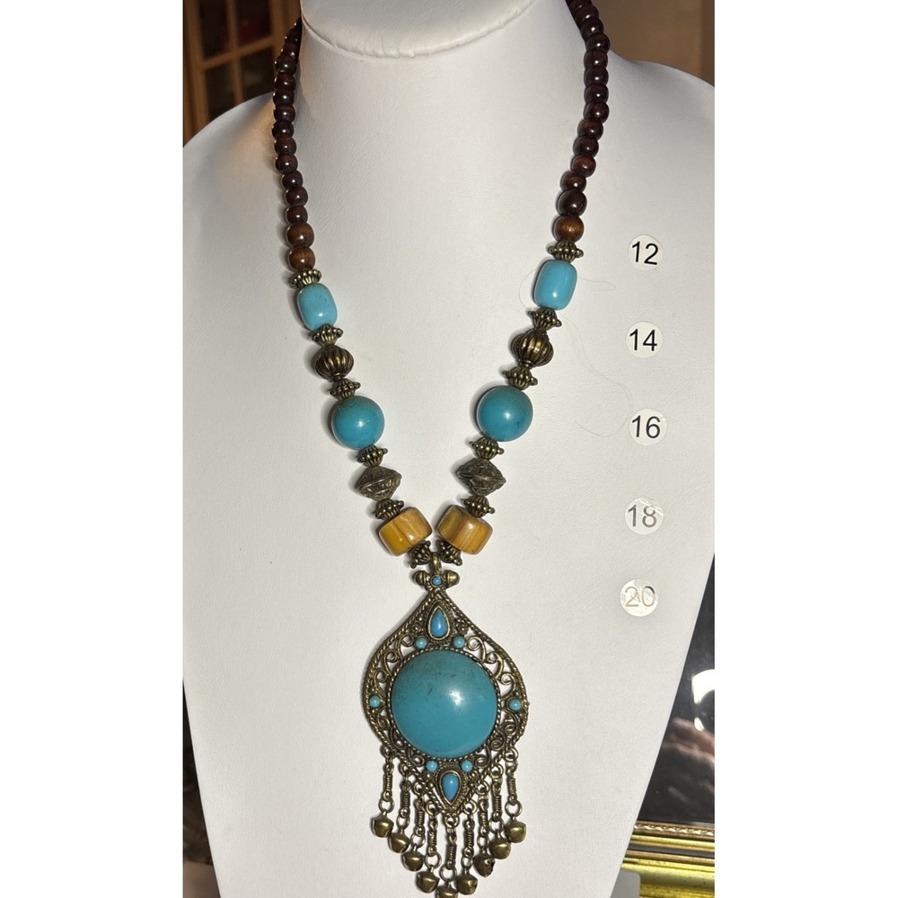 Boho Faux Turquoise Blue Beaded Necklace Ornate Filigree Teardrop Fringe Pendant